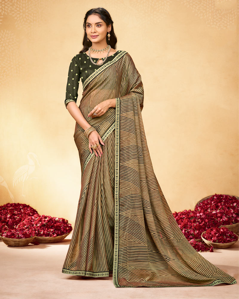 Vishal Prints French Beige Printed Fancy Chiffon Saree With Fancy Border