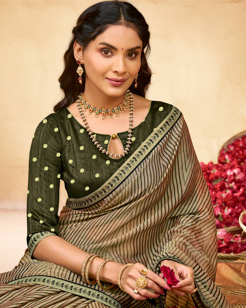 Vishal Prints French Beige Printed Fancy Chiffon Saree With Fancy Border