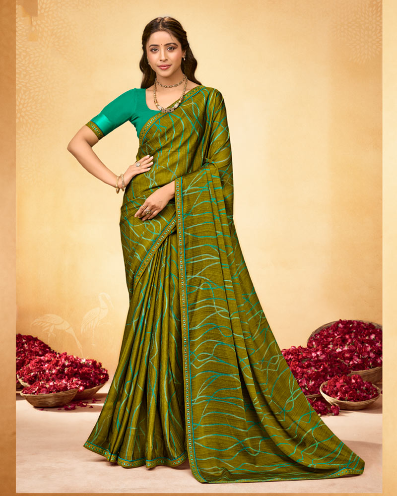 Vishal Prints Mustard Brown Printed Fancy Chiffon Saree With Fancy Border