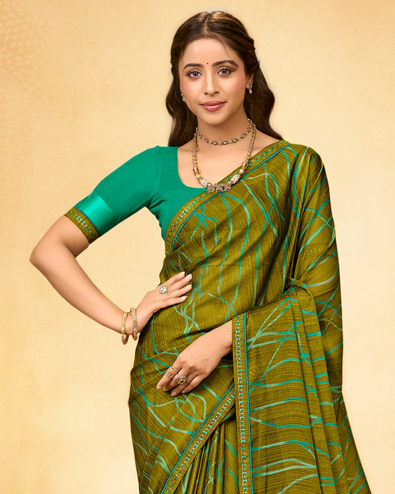 Vishal Prints Mustard Brown Printed Fancy Chiffon Saree With Fancy Border