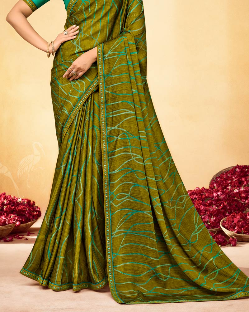 Vishal Prints Mustard Brown Printed Fancy Chiffon Saree With Fancy Border