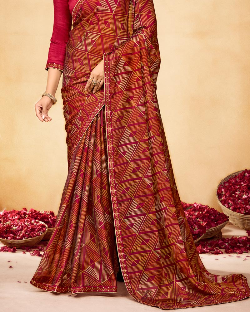 Vishal Prints Cardinal Red Printed Fancy Chiffon Saree With Fancy Border