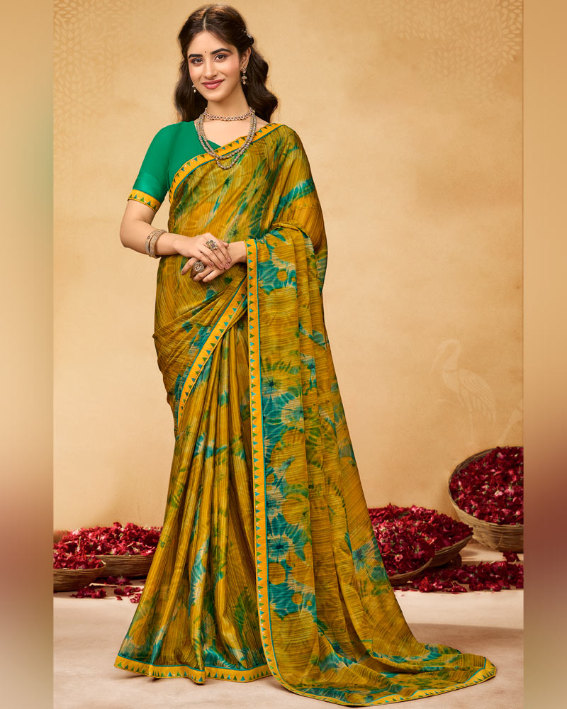 Vishal Prints Dark Mustard Printed Fancy Chiffon Saree With Fancy Border