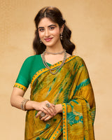 Vishal Prints Dark Mustard Printed Fancy Chiffon Saree With Fancy Border