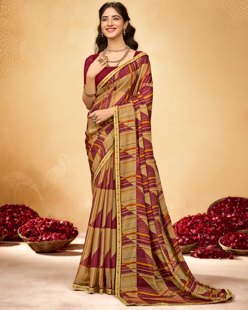 Vishal Prints Sandy Brown And Pale Burgundy Printed Fancy Chiffon Saree With Fancy Border
