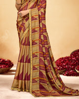 Vishal Prints Sandy Brown And Pale Burgundy Printed Fancy Chiffon Saree With Fancy Border