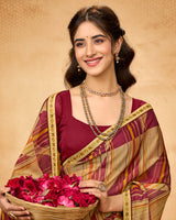 Vishal Prints Sandy Brown And Pale Burgundy Printed Fancy Chiffon Saree With Fancy Border