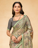Vishal Prints Greenish Beige Printed Fancy Chiffon Saree With Fancy Border