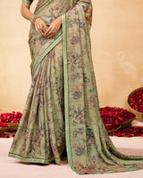 Vishal Prints Greenish Beige Printed Fancy Chiffon Saree With Fancy Border