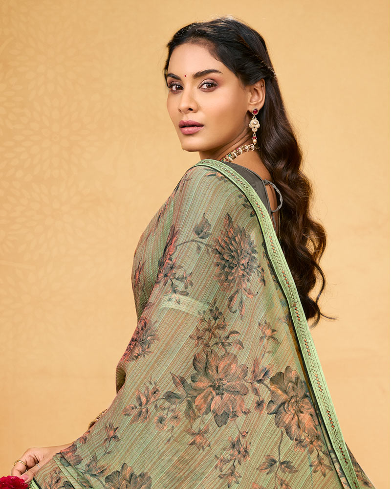 Vishal Prints Greenish Beige Printed Fancy Chiffon Saree With Fancy Border
