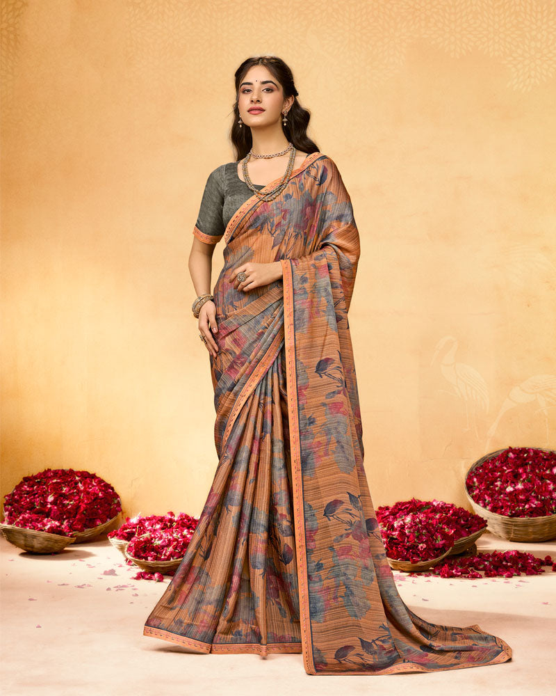 Vishal Prints Dark Persian Orange Printed Fancy Chiffon Saree With Fancy Border