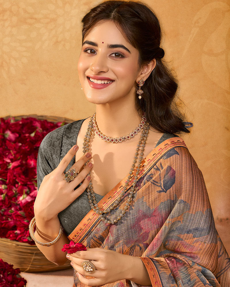 Vishal Prints Dark Persian Orange Printed Fancy Chiffon Saree With Fancy Border