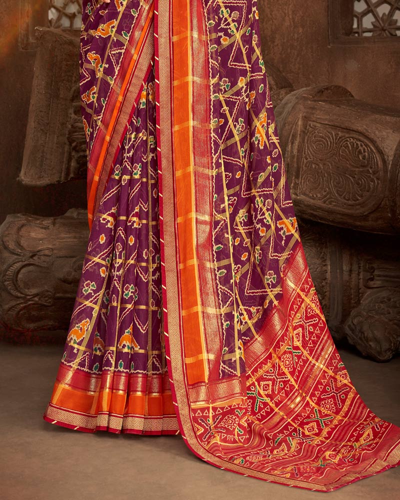 Vishal Prints Wine Fancy Chiffon Patola Print Saree With Foil Print And Zari Border
