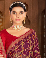 Vishal Prints Wine Fancy Chiffon Patola Print Saree With Foil Print And Zari Border