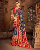 Vishal Prints Ink Blue Fancy Chiffon Patola Print Saree With Foil Print And Zari Border