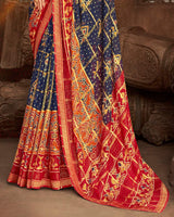 Vishal Prints Ink Blue Fancy Chiffon Patola Print Saree With Foil Print And Zari Border