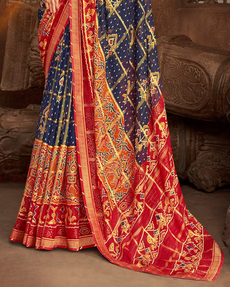 Vishal Prints Ink Blue Fancy Chiffon Patola Print Saree With Foil Print And Zari Border