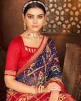 Vishal Prints Ink Blue Fancy Chiffon Patola Print Saree With Foil Print And Zari Border