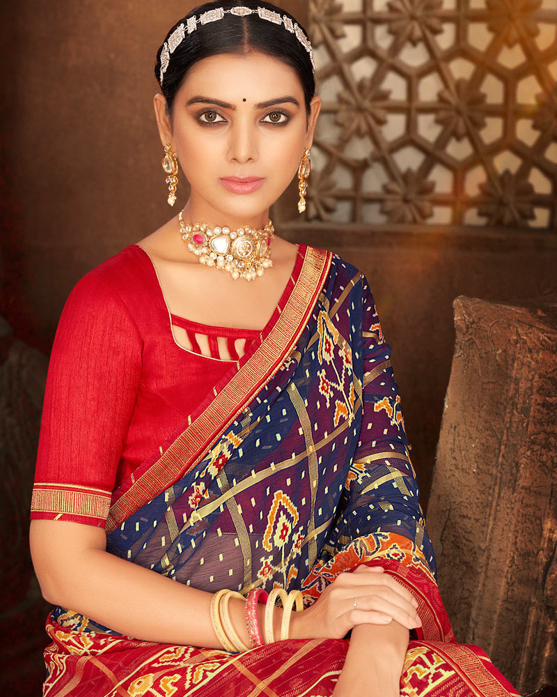 Vishal Prints Ink Blue Fancy Chiffon Patola Print Saree With Foil Print And Zari Border