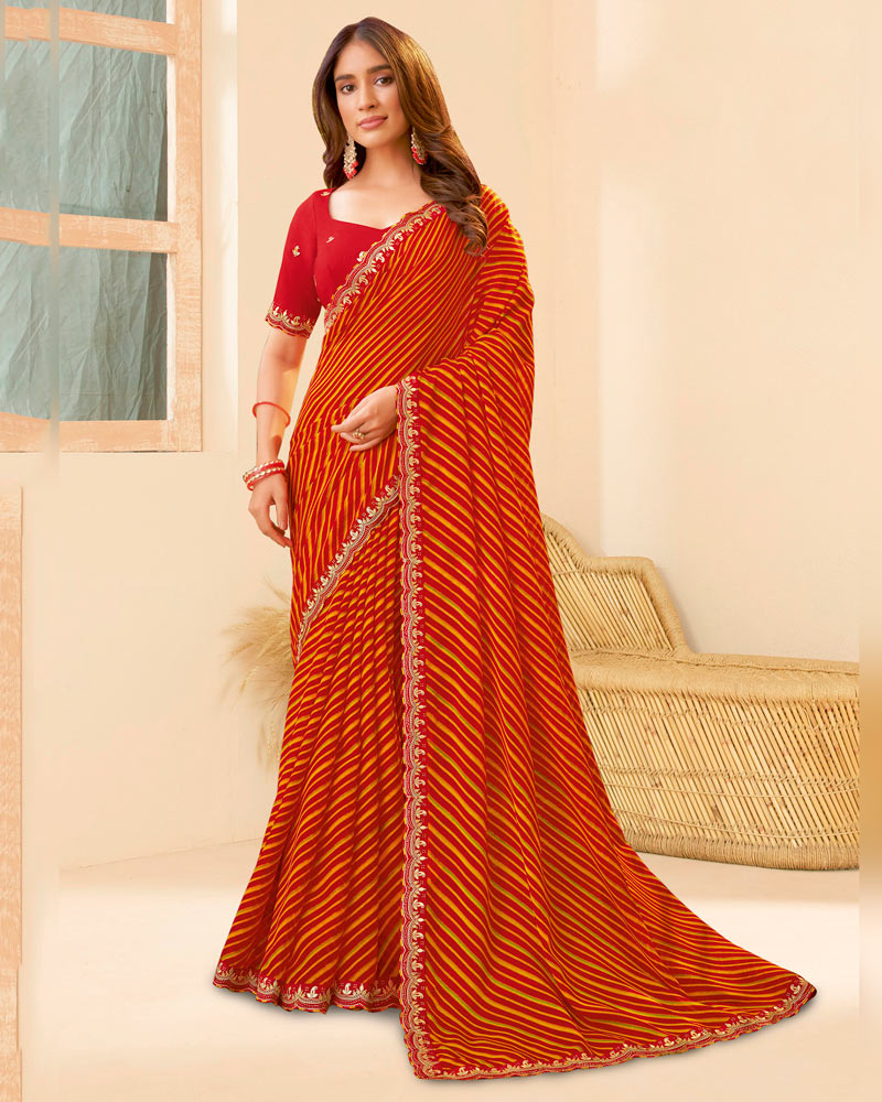 Vishal Prints Venetian Red Printed Chiffon Traditional Print Saree With Fancy Cut Work Border