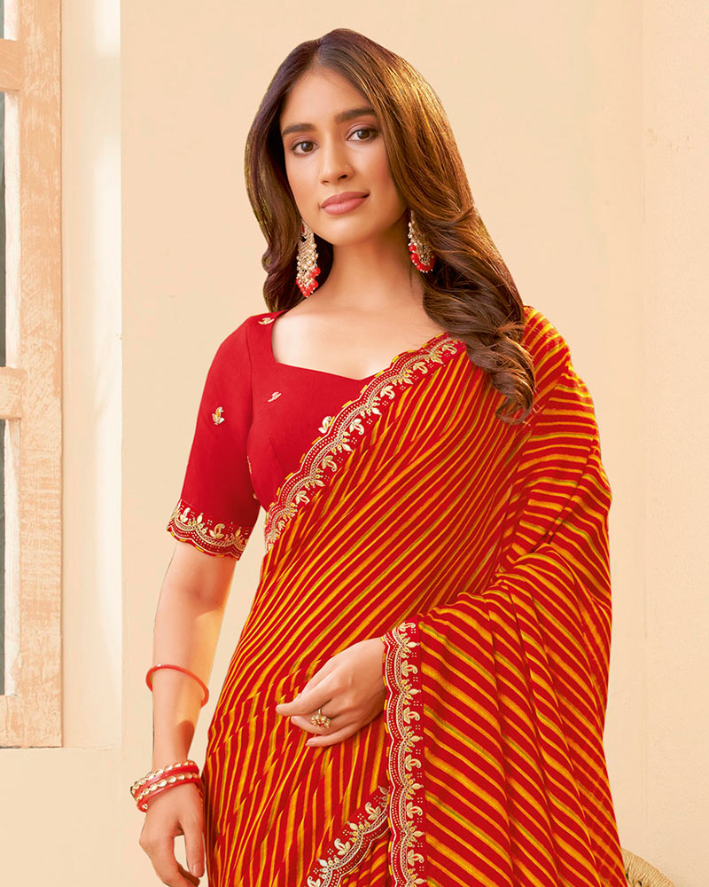 Vishal Prints Venetian Red Printed Chiffon Traditional Print Saree With Fancy Cut Work Border