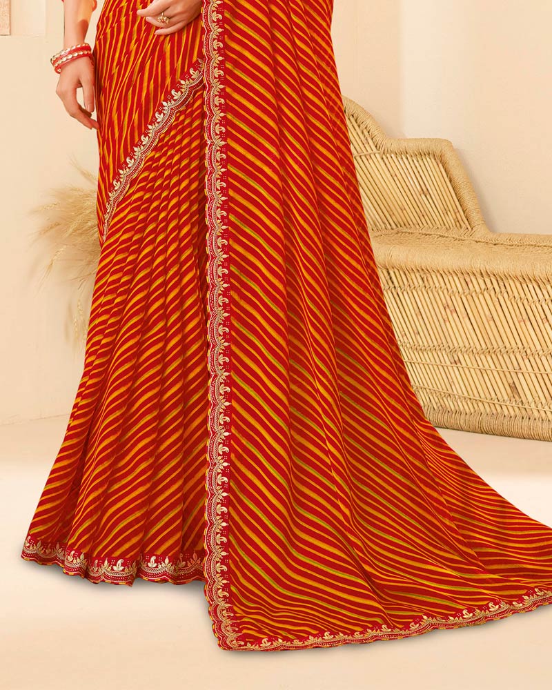 Vishal Prints Venetian Red Printed Chiffon Traditional Print Saree With Fancy Cut Work Border