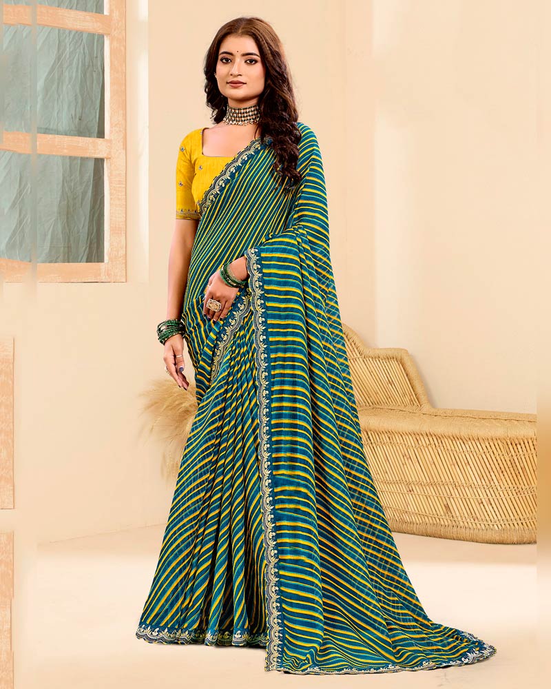 Vishal Prints Midnight Blue And Yellow Printed Chiffon Traditional Print Saree With Fancy Cut Work Border