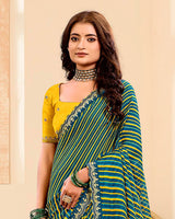 Vishal Prints Midnight Blue And Yellow Printed Chiffon Traditional Print Saree With Fancy Cut Work Border