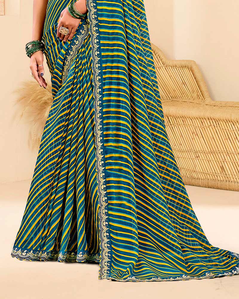 Vishal Prints Midnight Blue And Yellow Printed Chiffon Traditional Print Saree With Fancy Cut Work Border