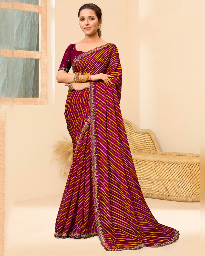 Vishal Prints Plum And Olive Yellow Printed Chiffon Traditional Print Saree With Fancy Cut Work Border