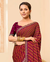 Vishal Prints Plum And Olive Yellow Printed Chiffon Traditional Print Saree With Fancy Cut Work Border