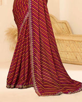 Vishal Prints Plum And Olive Yellow Printed Chiffon Traditional Print Saree With Fancy Cut Work Border