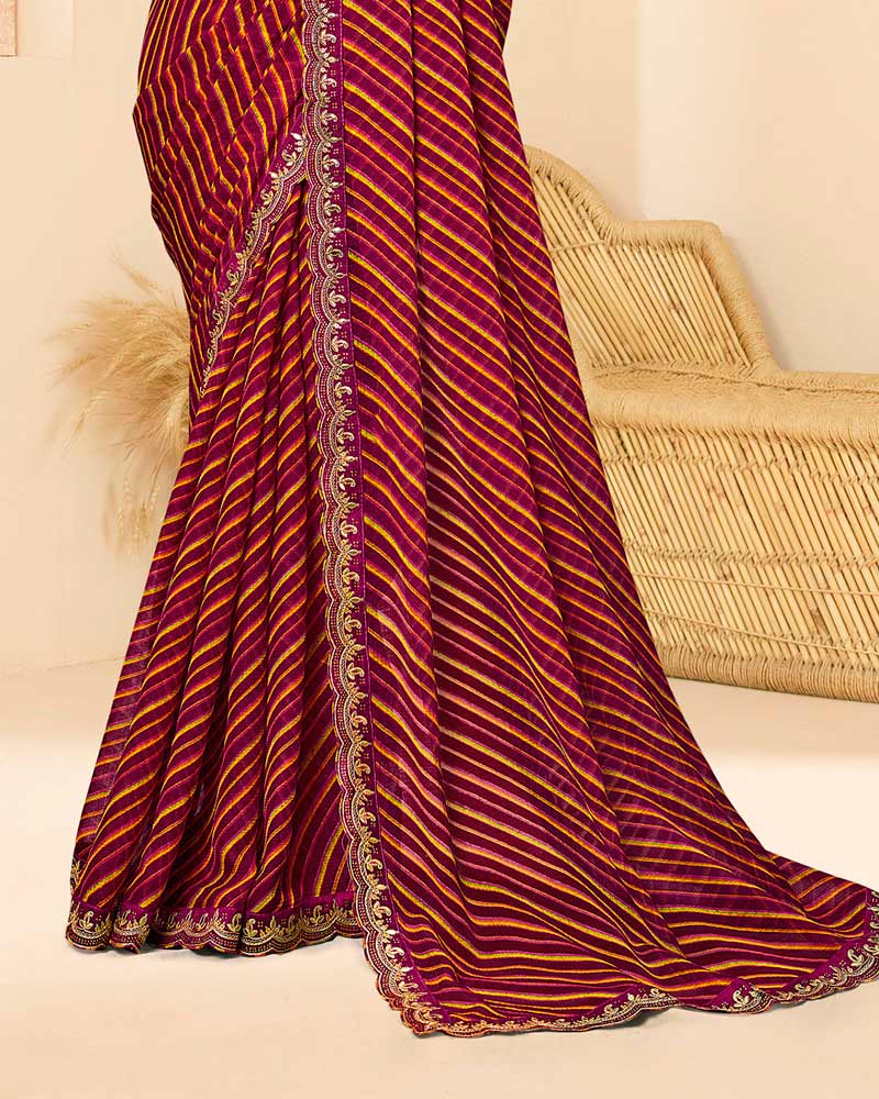 Vishal Prints Plum And Olive Yellow Printed Chiffon Traditional Print Saree With Fancy Cut Work Border