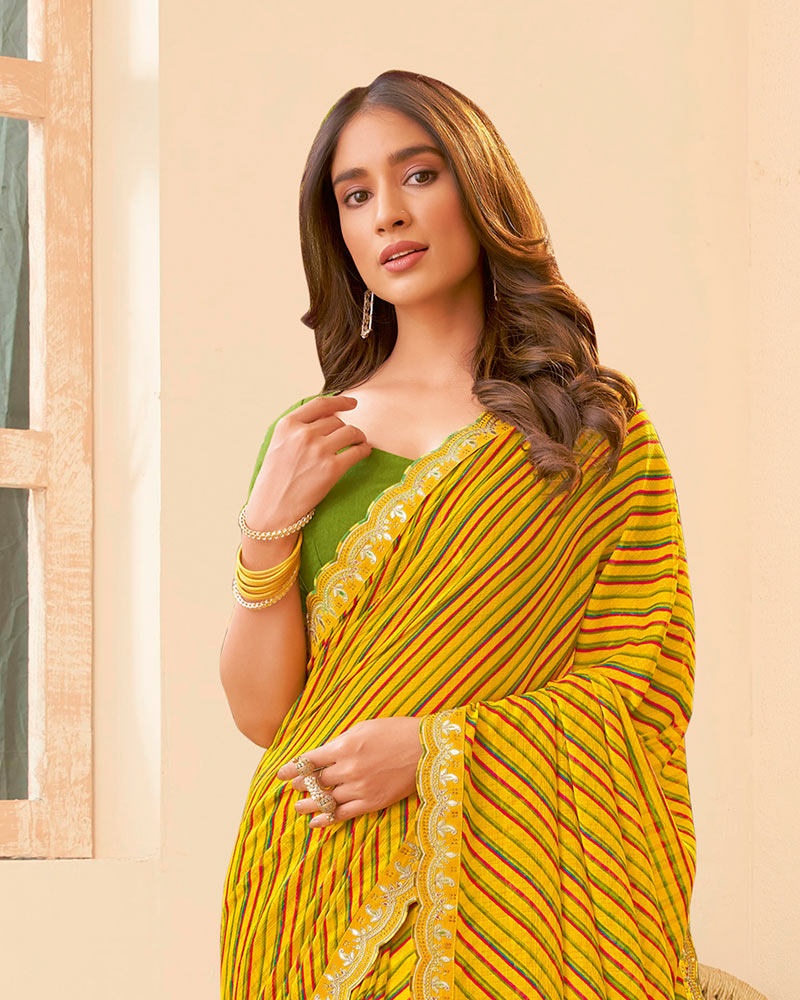 Vishal Prints Dark Yellow Printed Chiffon Traditional Print Saree With Fancy Cut Work Border