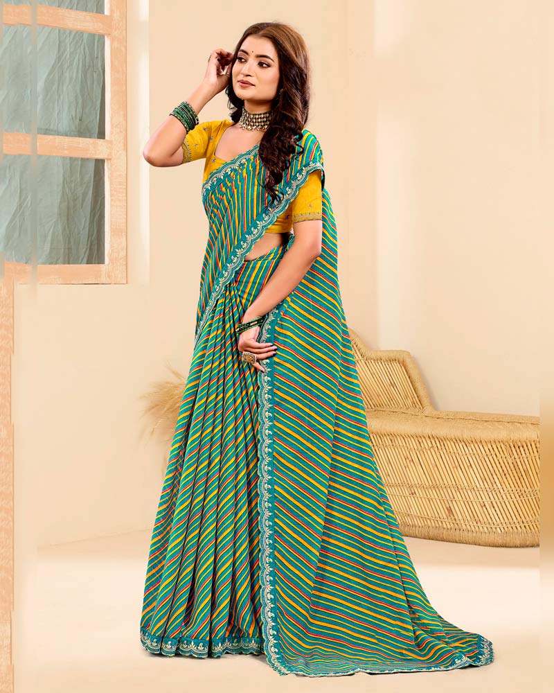 Vishal Prints Light Sea Green Printed Chiffon Traditional Print Saree With Fancy Cut Work Border