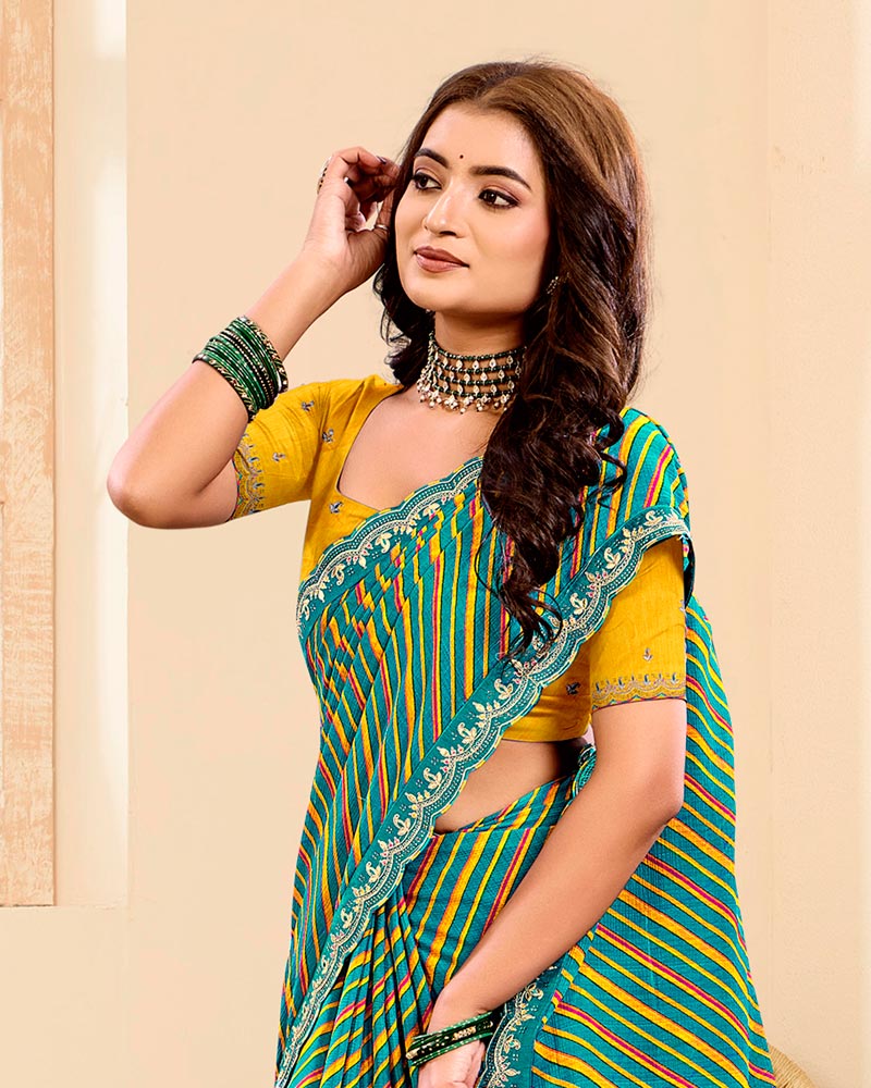 Vishal Prints Light Sea Green Printed Chiffon Traditional Print Saree With Fancy Cut Work Border