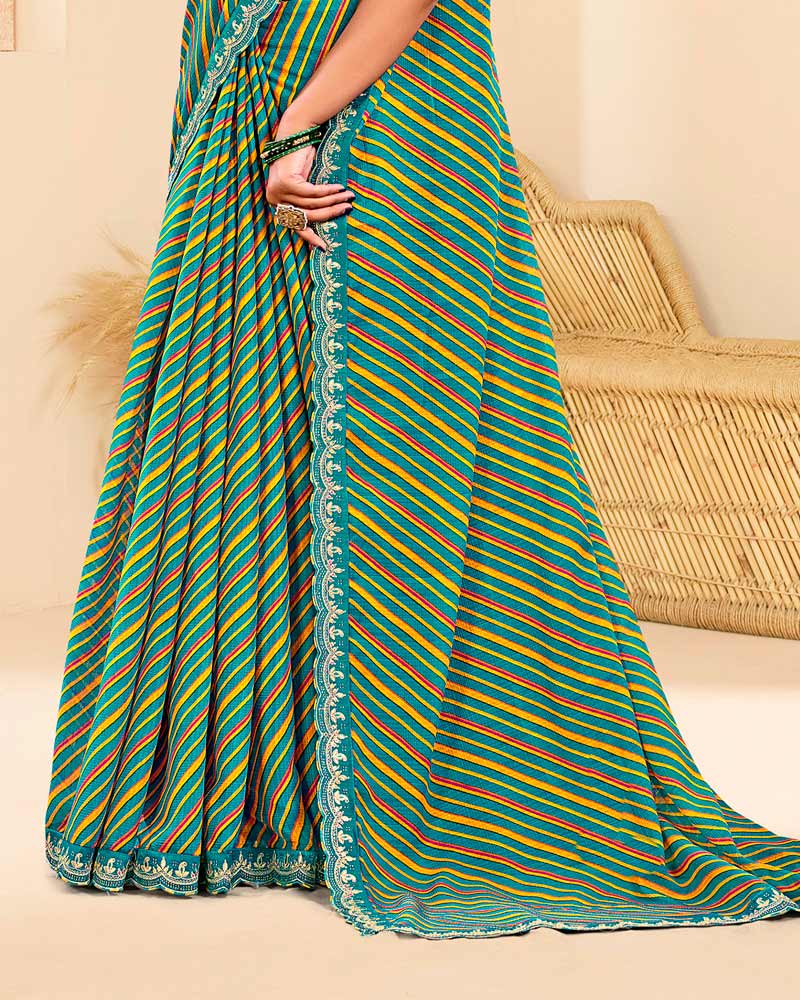 Vishal Prints Light Sea Green Printed Chiffon Traditional Print Saree With Fancy Cut Work Border