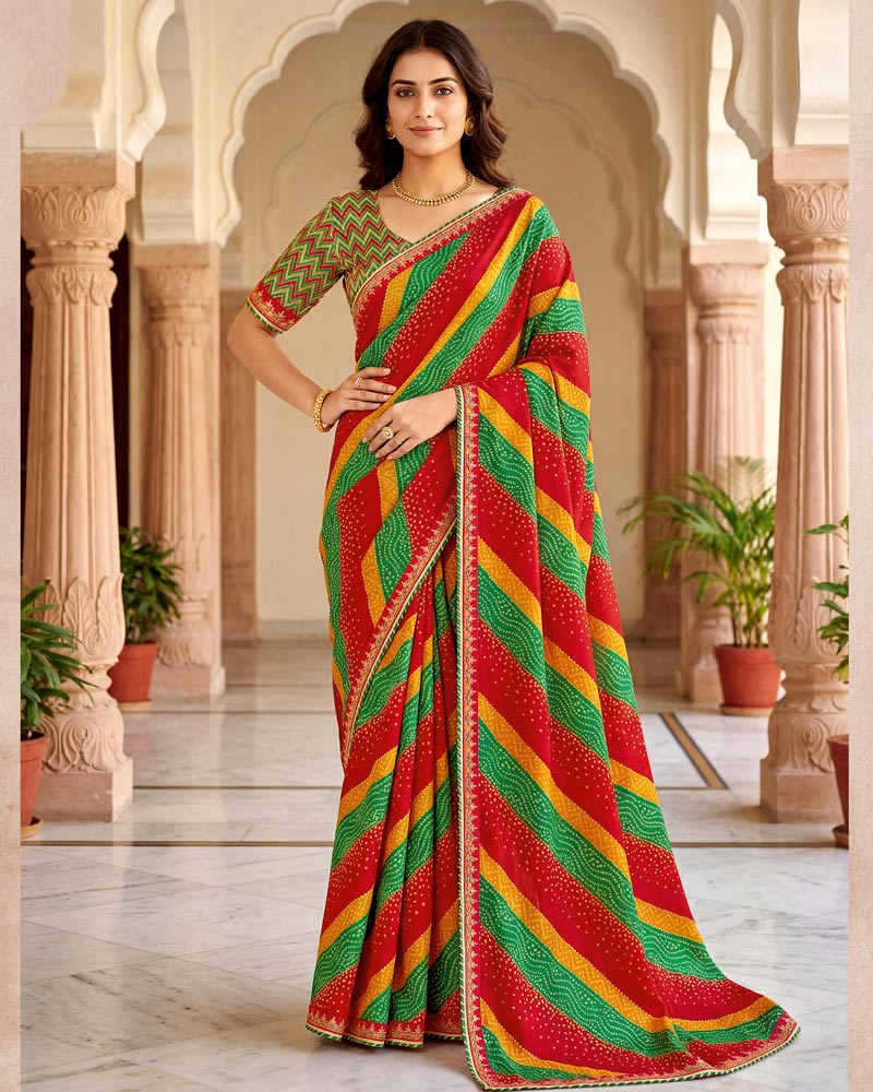 Vishal Prints Milano Red And Spring Green Chiffon Traditional Printed Saree With Fancy Embroidery Border