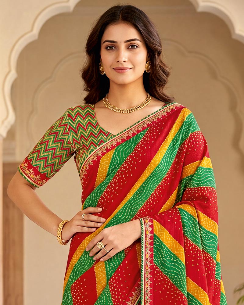 Vishal Prints Milano Red And Spring Green Chiffon Traditional Printed Saree With Fancy Embroidery Border