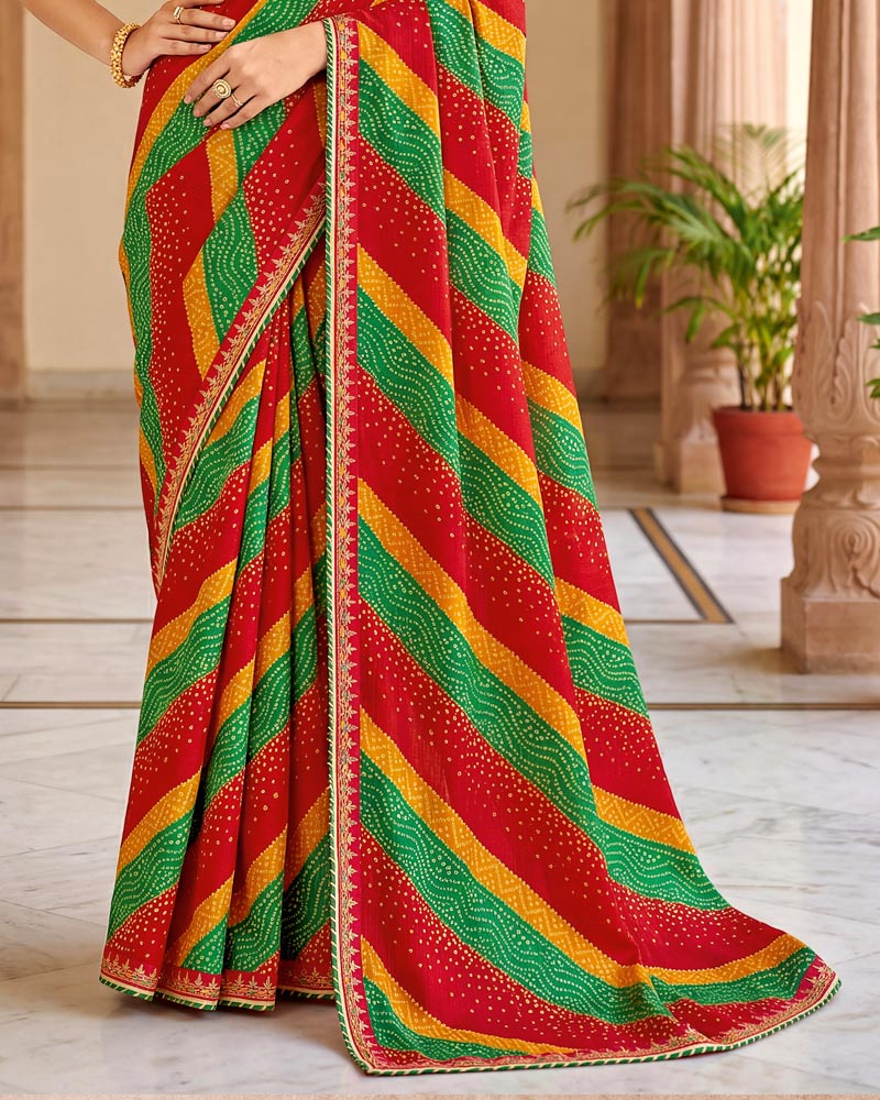 Vishal Prints Milano Red And Spring Green Chiffon Traditional Printed Saree With Fancy Embroidery Border