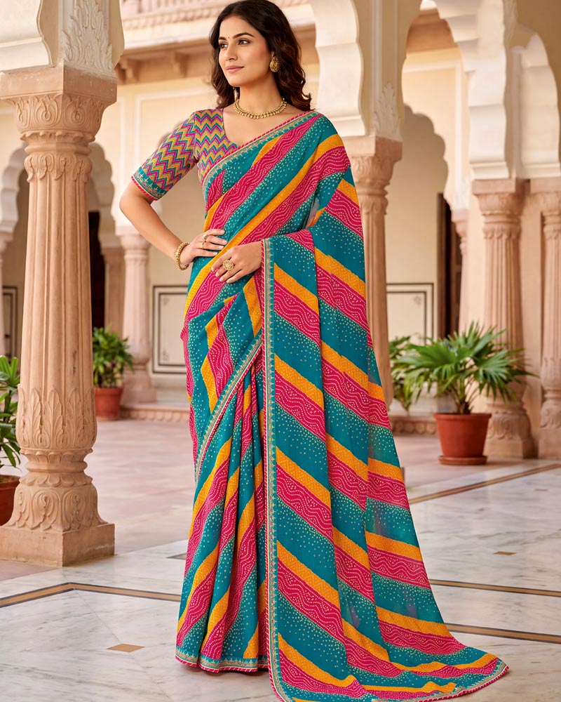 Vishal Prints Aqua Blue And Raspberry Pink Chiffon Traditional Printed Saree With Fancy Embroidery Border