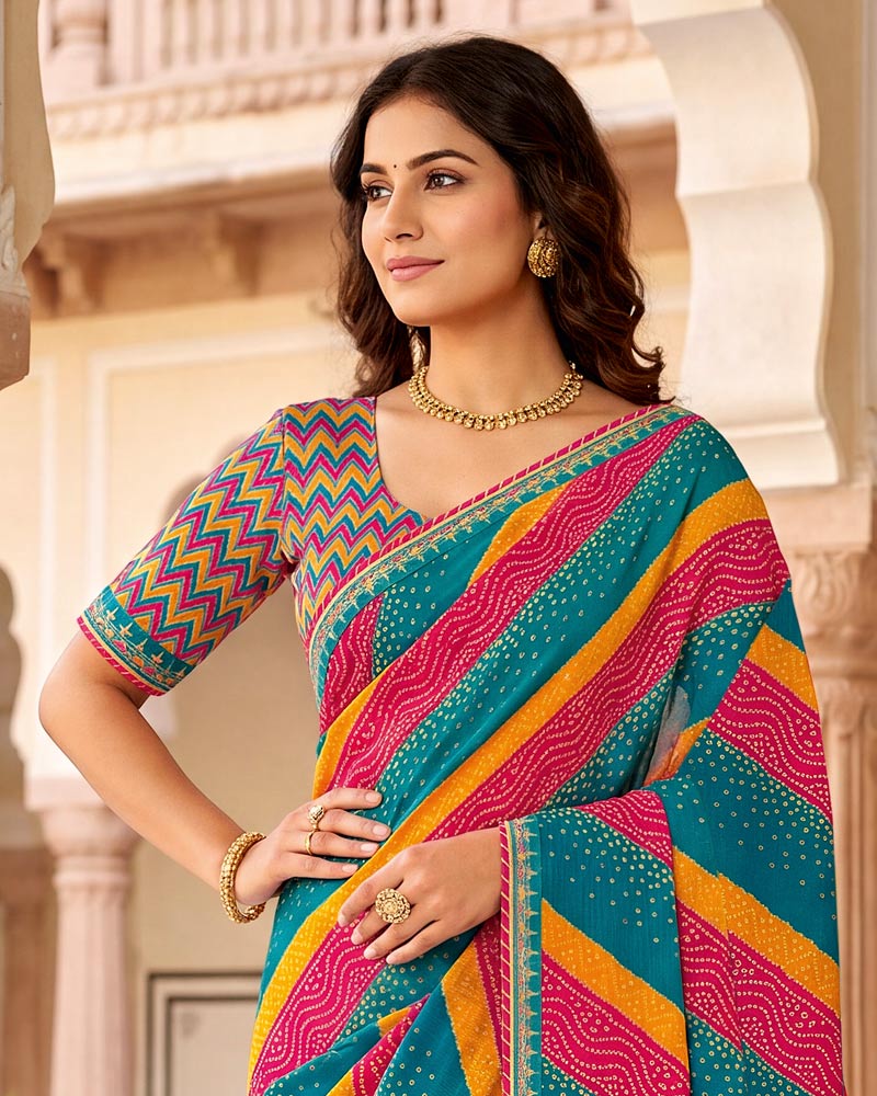 Vishal Prints Aqua Blue And Raspberry Pink Chiffon Traditional Printed Saree With Fancy Embroidery Border