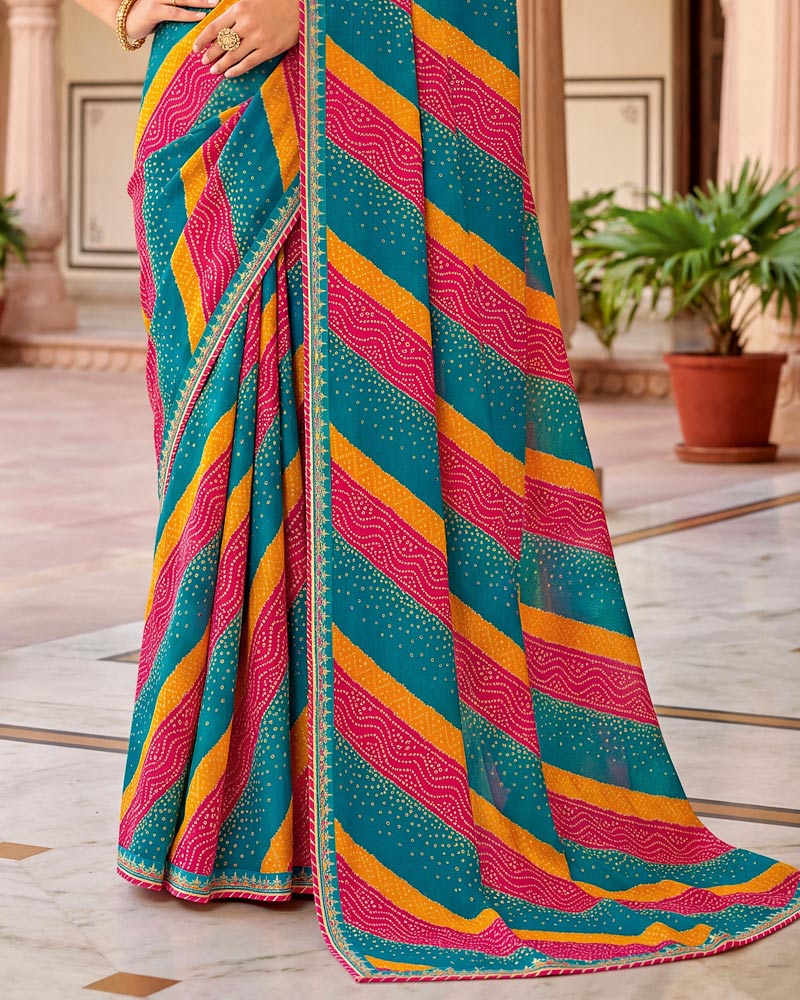Vishal Prints Aqua Blue And Raspberry Pink Chiffon Traditional Printed Saree With Fancy Embroidery Border