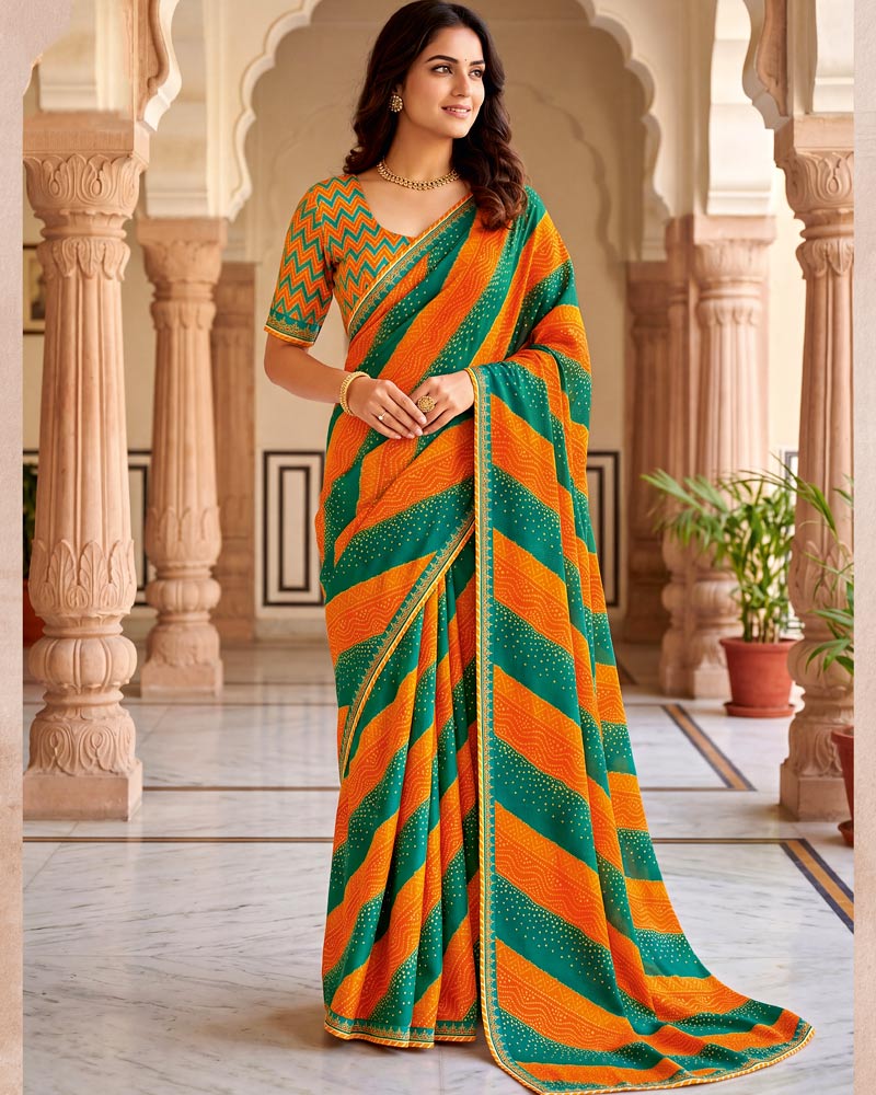 Vishal Prints Deep Orange And Deep Sea Green Chiffon Traditional Printed Saree With Fancy Embroidery Border