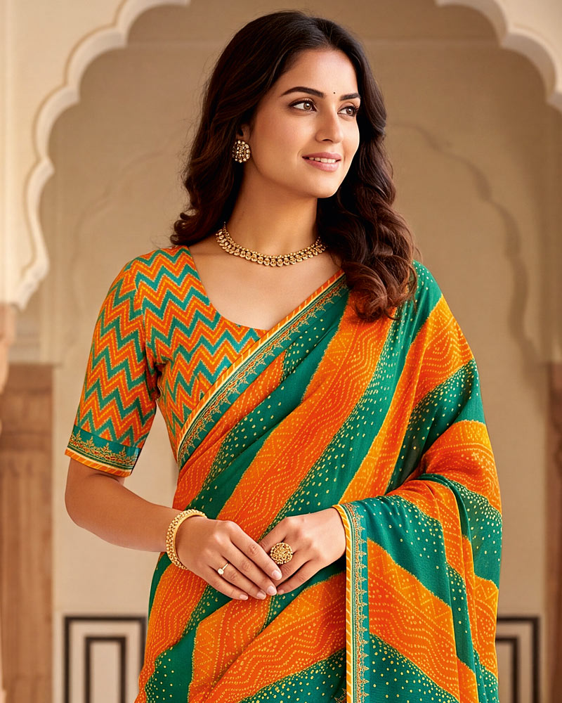 Vishal Prints Deep Orange And Deep Sea Green Chiffon Traditional Printed Saree With Fancy Embroidery Border