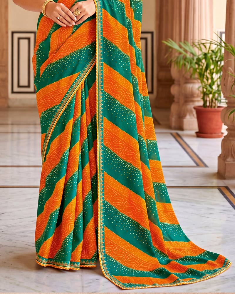 Vishal Prints Deep Orange And Deep Sea Green Chiffon Traditional Printed Saree With Fancy Embroidery Border