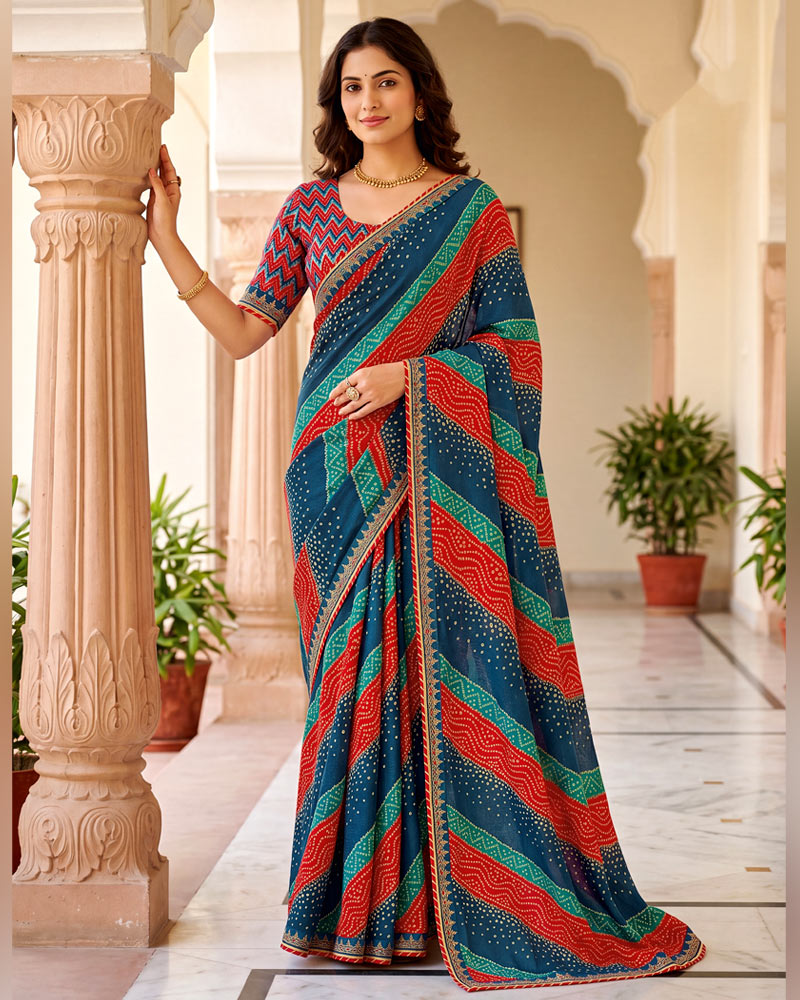 Vishal Prints Nile Blue And Crimson Red Chiffon Traditional Printed Saree With Fancy Embroidery Border