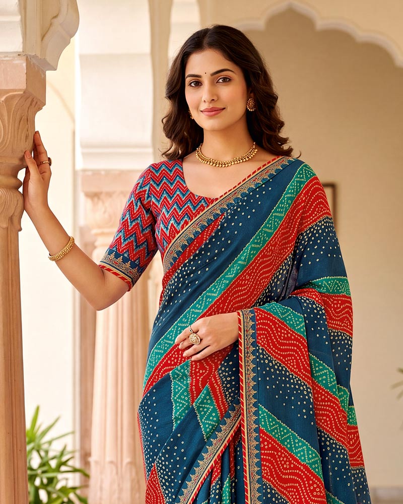 Vishal Prints Nile Blue And Crimson Red Chiffon Traditional Printed Saree With Fancy Embroidery Border
