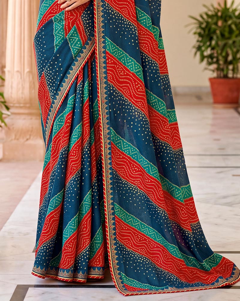 Vishal Prints Nile Blue And Crimson Red Chiffon Traditional Printed Saree With Fancy Embroidery Border