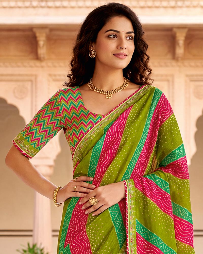 Vishal Prints Olive Green And Rose Pink Chiffon Traditional Printed Saree With Fancy Embroidery Border